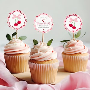 Pink Cherry Gingham Cupcake Toppers Printable, Cherry on Top Baby Shower, Pastel Pink Baby Shower Theme, Tying the Knot Bridal Shower WP1071