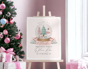 Mall för välkomstskylt med pastellrosa nötknäppare för födelsedag, direktnedladdning av jul/vinter i London för födelsedagsfest för tjej, socker, WP3045