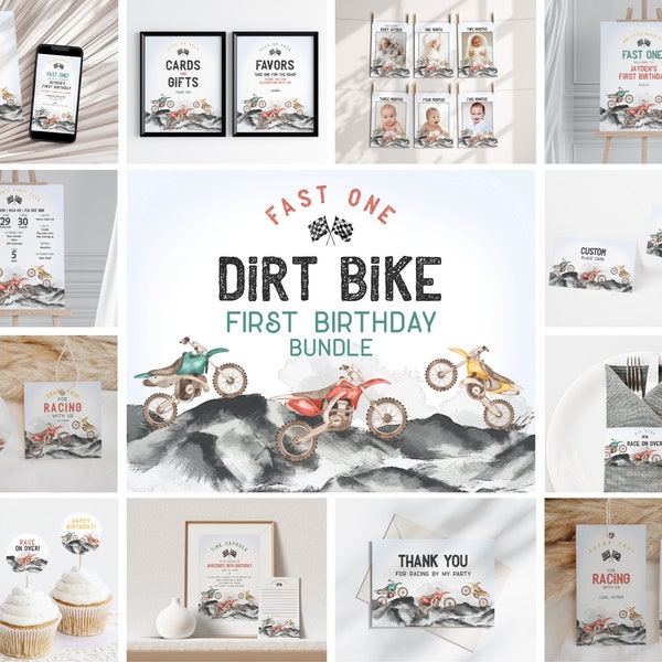 Dirt Bike Fast One First Birthday Bundle Printable Template, Little racer 1st birthday for boy, motor bike racing theme off-road bday party