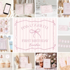 Pink Coquette Bow First Birthday Party Bundle (Digital Download) WP1060