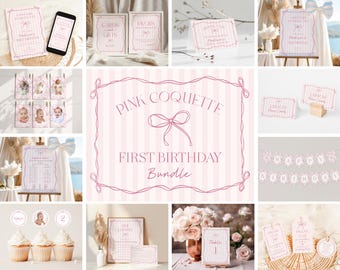May include: A collection of pink and white party decorations for a first birthday. The set includes signs, banners, cupcake toppers, and table cards. The text includes "Pink Coquette" and "First Birthday Bundle".