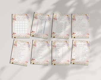 May include: A set of printable baby shower game cards featuring a whimsical fairy theme. The cards are decorated with pink and purple flowers and a fairy illustration. The games include "Baby Bingo", "Baby Trivia", "What's in Mum's Bag", "Price is Right", and "Would You Rather".