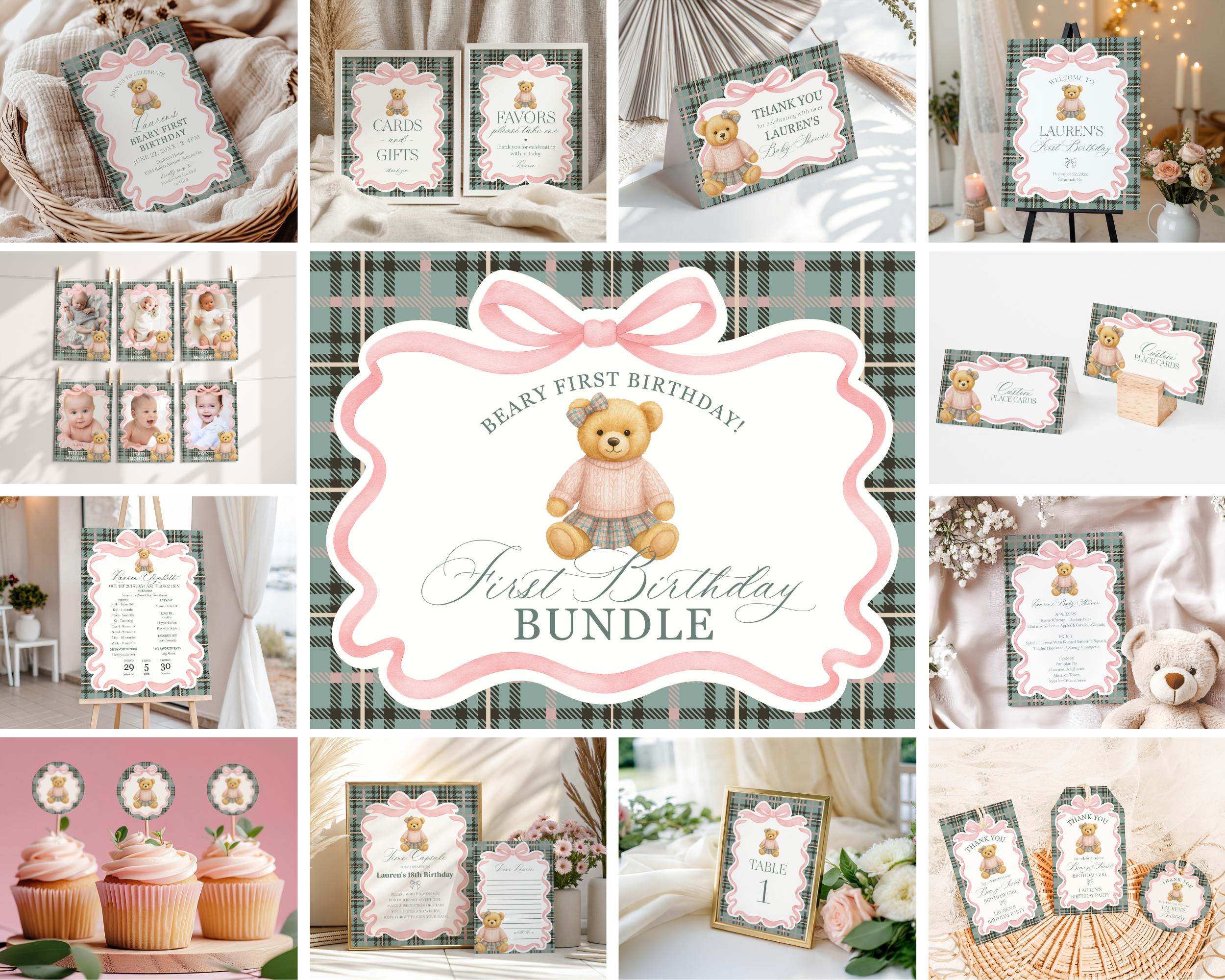 Pink Coquette Bear Girl 1st Birthday Bundle Printable Template, Beary ...