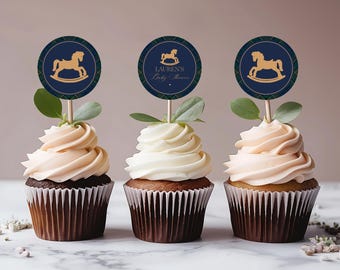 Plantilla de adornos para cupcakes de caballito de madera clásico, Baby Shower a cuadros escoceses azules, Fiesta de primer cumpleaños atemporal de Old Money WP1087