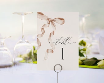 Beige Bow Table Number Cards Printable Template, Neutral preppy coquette bow theme party for fancy southern girl, grandmillenial bow decor