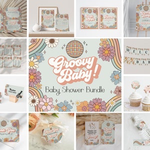 Groovy Floral Baby Shower Bundle Printable, groovy baby shower for girl, hippie baby shower retro baby shower template groovy flowers design