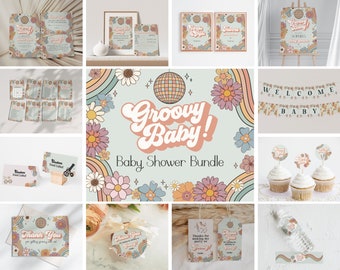 Pacote de Chá de Bebê Floral Groovy para Imprimir, chá de bebê groovy para menina, chá de bebê hippie, modelo de chá de bebê retrô groovy, WP3034