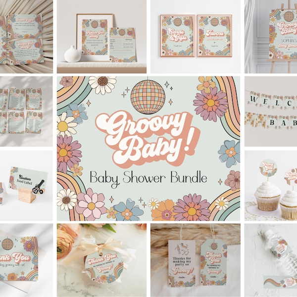 Groovy Floral Baby Shower Bundle Printable, groovy baby shower for girl, hippie baby shower retro baby shower template groovy flowers design