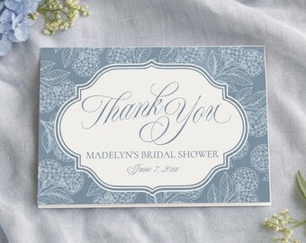 Dusty Blue Hydrangea Thank You Card, Editable Wedding Thank You Card Template, Blue Hydrangea Folded Card, Instant Download, WP2003-1