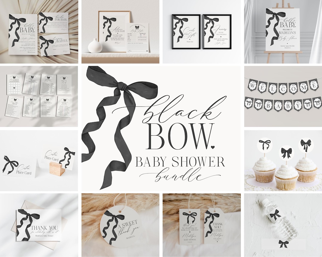 Black Bow Baby Shower Bundle Printable Template, Watercolor Preppy