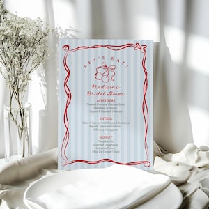 Modello di menu con fiocco blu ciliegia, baby shower retrò con ciliegia in cima, addio al nubilato con ciliegia dolce, decorazioni per feste di compleanno disegnate a mano WP1039