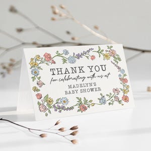 Modèle de carte de remerciement garden-party printanière, douche nuptiale florale pastel pour fille de naissance, fleurs sauvages, pour décoration de mariage bouquet d'été WP1057