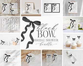 May include: A printable bridal shower bundle with a black bow theme. The bundle includes invitations, thank you cards, place cards, and other printable items. The text "Black Bow. Bridal Shower Bundle" is featured in the center of the image.