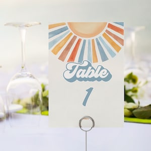 Plantilla imprimible de tarjetas con números de mesa Here Comes The Son, decoración Sunshine Baby Sprinkle para baby shower de niño, fiesta Little Ray of Sonshine