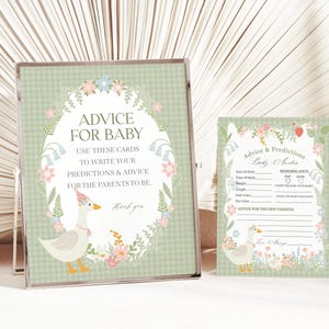 Green Floral Silly Goose Advice for Baby Cards Printable Template, Little Lucky Duck Theme Shower Girl, Sage Gingham Baby Sprinkle WP1024