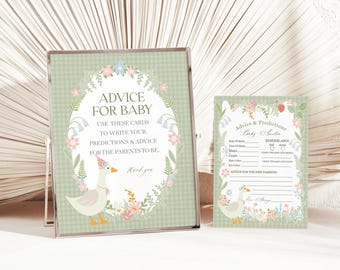 Green Floral Silly Goose Advice for Baby Cards Printable Template, Little Lucky Duck Theme Shower Girl, Sage Gingham Baby Sprinkle WP1024