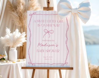 Rosa Babyparty-Willkommensschild-Vorlage mit Schleife, Pastellrosa Grandmillennial-Thema mit wunderlichen handgezeichneten Bögen AP1060