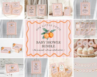 Pink Little Cutie Baby Shower Bundle Printable Template, Pastel Citrus Baby Sprinkle for Summer Baby Shower, Retro Clementine Decor WP1050