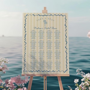 Gelber Sitzplan für Palm Springs, Poster Vorlage, Vintage Palme Strand Cabana, Geburtstag Pool Party, Tropisch Pastell Bachelorette WS1049