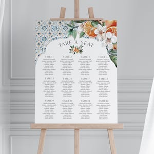 Toscaanse tegel bruiloft zitplaatsen tabel afdrukbare sjabloon poster, oranje citrus mediterrane bruiloft met Spaanse tegels, Italiaans thema positano