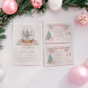Pastel Pink Nutcracker Baby Shower Invitation Bundle Instant Download, christmas winter wonderland baby shower for girl sugar plum ballet