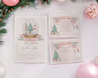 Pastel Pink Nutcracker Baby Shower Invitation Bundle Instant Download, christmas winter wonderland baby shower for girl sugar plum, WP3045