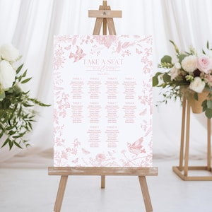 Modelo para impressão de gráfico de assentos de casamento Pink Toile De Jouy, Brunch de noivas Wildflower Chinoiserie, casamento francês, Love is in Bloom WP1011