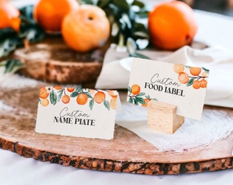Little Cutie is on the Way Orange Citrus Plaatskaarten Afdrukbaar, bewerkbaar voedseletiket gastbuffet, babyshower babyshower WP1068