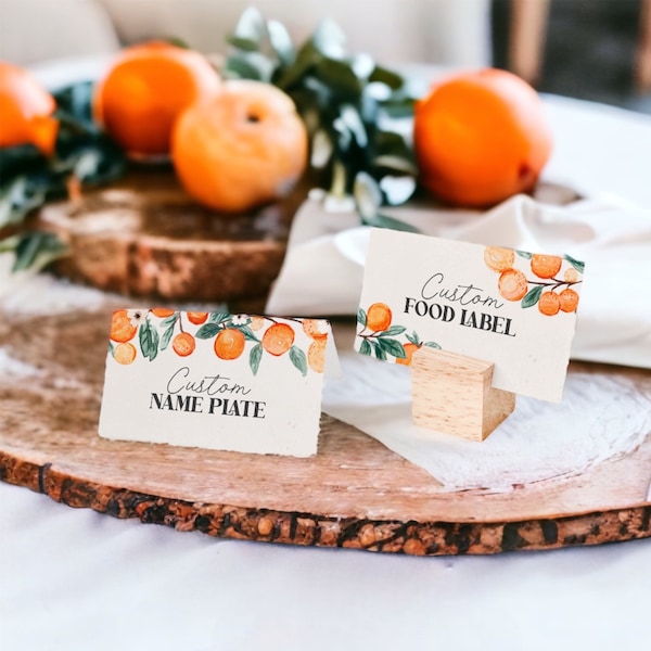 Little Cutie is on the Way Orange Citrus Place Cards Printable, editable guest name buffet food label, cutie baby shower main squeeze WP1068