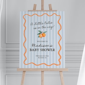 Modello di cartello di benvenuto per baby shower Blue Little Cutie, granella di agrumi pastello per baby shower, decorazione per baby shower estiva retrò Clementine WP1052