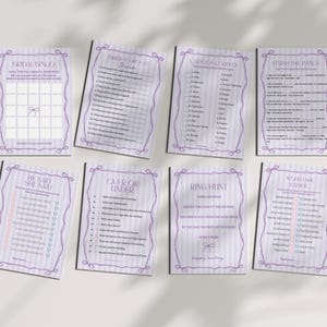 Purple Coquette Bow Bridal Shower Games Set Template, Editable Lavender Bridal Brunch Kit, DIY Printable Tying The Knot Shower WP1063