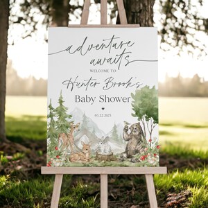 Woodland Animals Baby Shower Welcome Sign Template, Woodland Outdoor Baby Shower, Woodsy Wilderness Baby Sprinkle Adventure Awaits WP1029