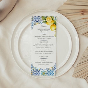 Modèle de Menu de mariage imprimable côte amalfitaine, décoration de douche méditerranéenne citron agrumes avec carreaux bleus, fête de plage toscane à thème italien