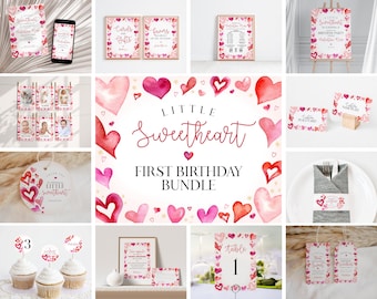 A Little Sweetheart First Birthday Bundle Printable, instant download February 1st birthday for girl, Valentines birthday party for, WP3035