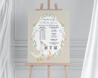 Puede incluir: Un gráfico imprimible de hitos del primer año para una niña llamada Amelia Grace. El gráfico presenta una linda gansa de dibujos animados con una corona, ilustraciones florales y un fondo de cuadros vichy. Incluye secciones para apodos, primeras veces, libro favorito, lo que el bebé puede decir, lo que al bebé le encanta hacer, juguete favorito, canción favorita, y la altura, el peso y la edad del bebé.