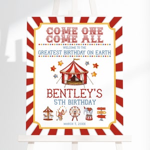 Circus Birthday Party Welcome Sign Printable Template, gender neutral carnival animal birthday party for boy vintage circus instant download