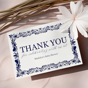 Modelo de cartão de agradecimento Blue Talavera para impressão, decoração de casamento com azulejos espanhóis, festa de chá de bebê mexicana, decoração de chá de panela WP1018