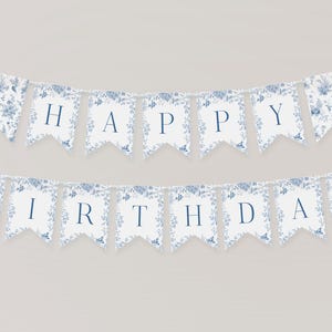 Modelo de banner de feliz aniversário azul Toile De Jouy para impressão, festa de aniversário elegante Chinoiserie, borboletas de flores silvestres Toile Pássaros WP1004