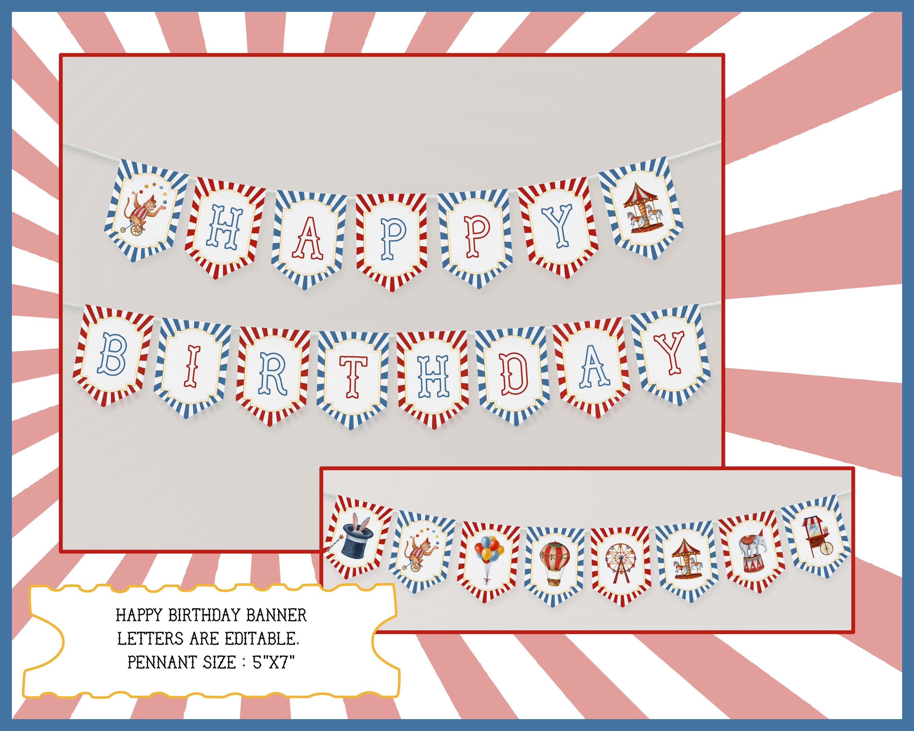 Circus Carnival Happy Birthday Banner - 15-Panel Pennant Banner With Ribbon For Party Decorations