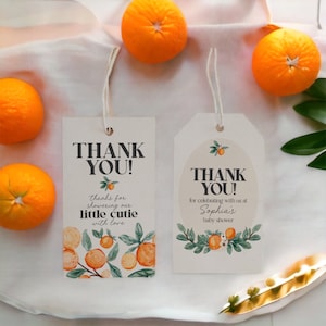 Afdrukbare sjabloon kleine schatje gunst tags, een klein schatje is onderweg lente zomer babyshower rechthoek bedankjes oranje schatje babyshower