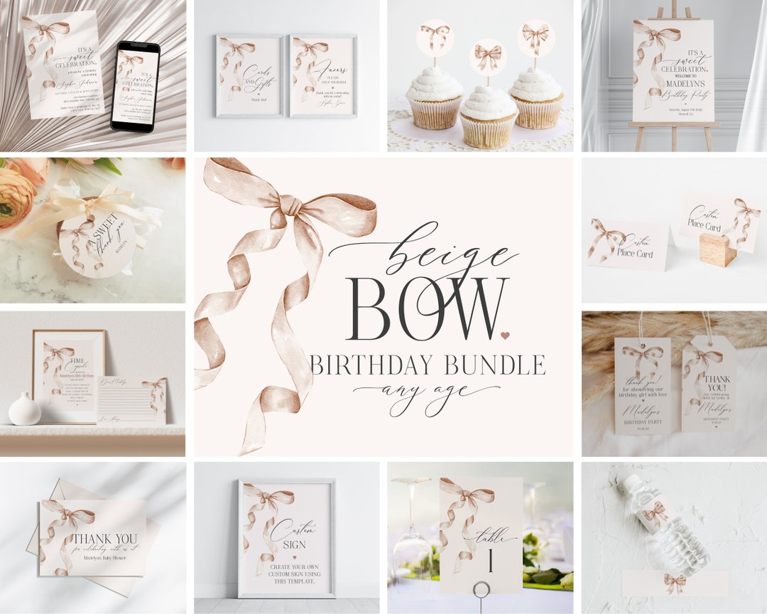 Beige Bow Birthday Bundle Printable Template, Watercolor Preppy ...