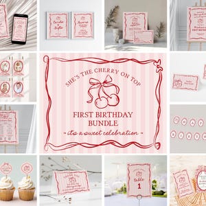 Rosa Kirsch Kokette Schleife erster Geburtstag Bundle Vorlage, Retro Kirsche auf Top Thema 1