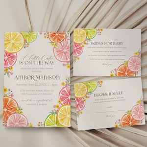 Citrus Floral Baby Shower Invitation Printable Template, Little Cutie Baby Sprinkle for Summer Baby Shower, Gender Neutral Florida Decor