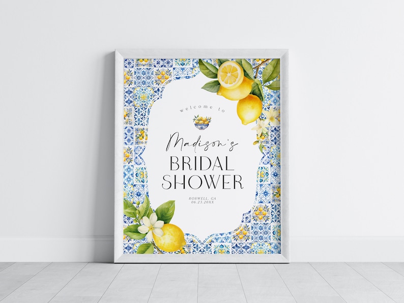 Amalfi Coast Bridal Shower Welcome Sign Printable Template, Lemon Citrus Mediterranean decor with blue tiles, Coastal Italian theme, WP3016 image 5