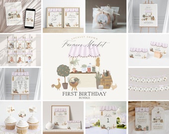 Pink Farmers Market First Birthday Bundle Printable Template, Farm Fresh Party for Girl 1st Birthday Party, Locally Grown Party, WP3009-3