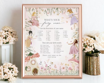 Fairy Birthday Whats Your Fairy Name Printable Template, enchanted garden fairytale girl birthday magical fairy party boho woodland, WP3019