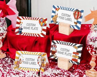 Circus Place Cards Printable Template, baby shower or birthday party, editable guest name buffet food label, gender neutral carnival décor