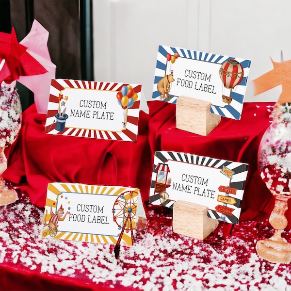 Modèle imprimable de cartes Circus Place, baby shower ou fête d’anniversaire, étiquette alimentaire de buffet de nom d’invité modifiable, décor de carnaval neutre en termes de genre