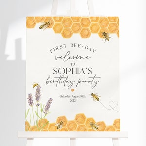 Plantilla imprimible de letrero de bienvenida para el primer cumpleaños de Honey Bee, letrero de bienvenida para el día de las abejas, primer cumpleaños neutral en cuanto al género, cumpleaños amarillo