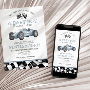 Blue Race Car Baby Shower Invitation Template, Instant Download Vintage ...
